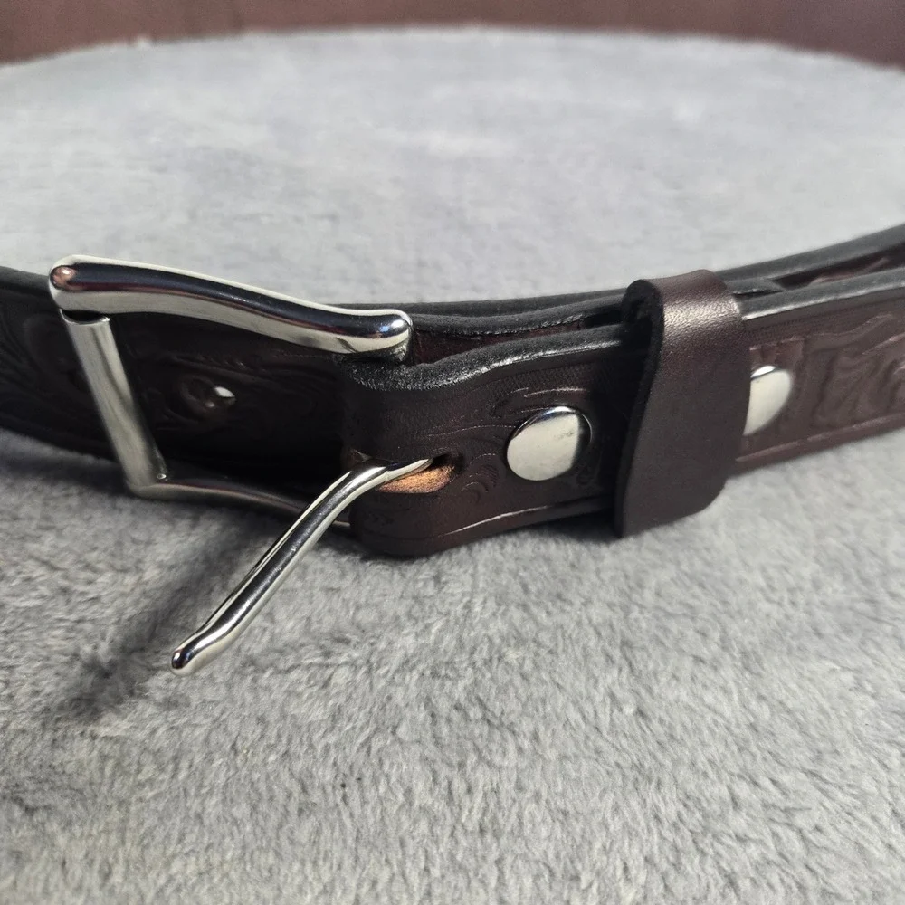 Hershberger's Millersburg Ohio Mens Brown Tooled Leather Western Belt Size 50